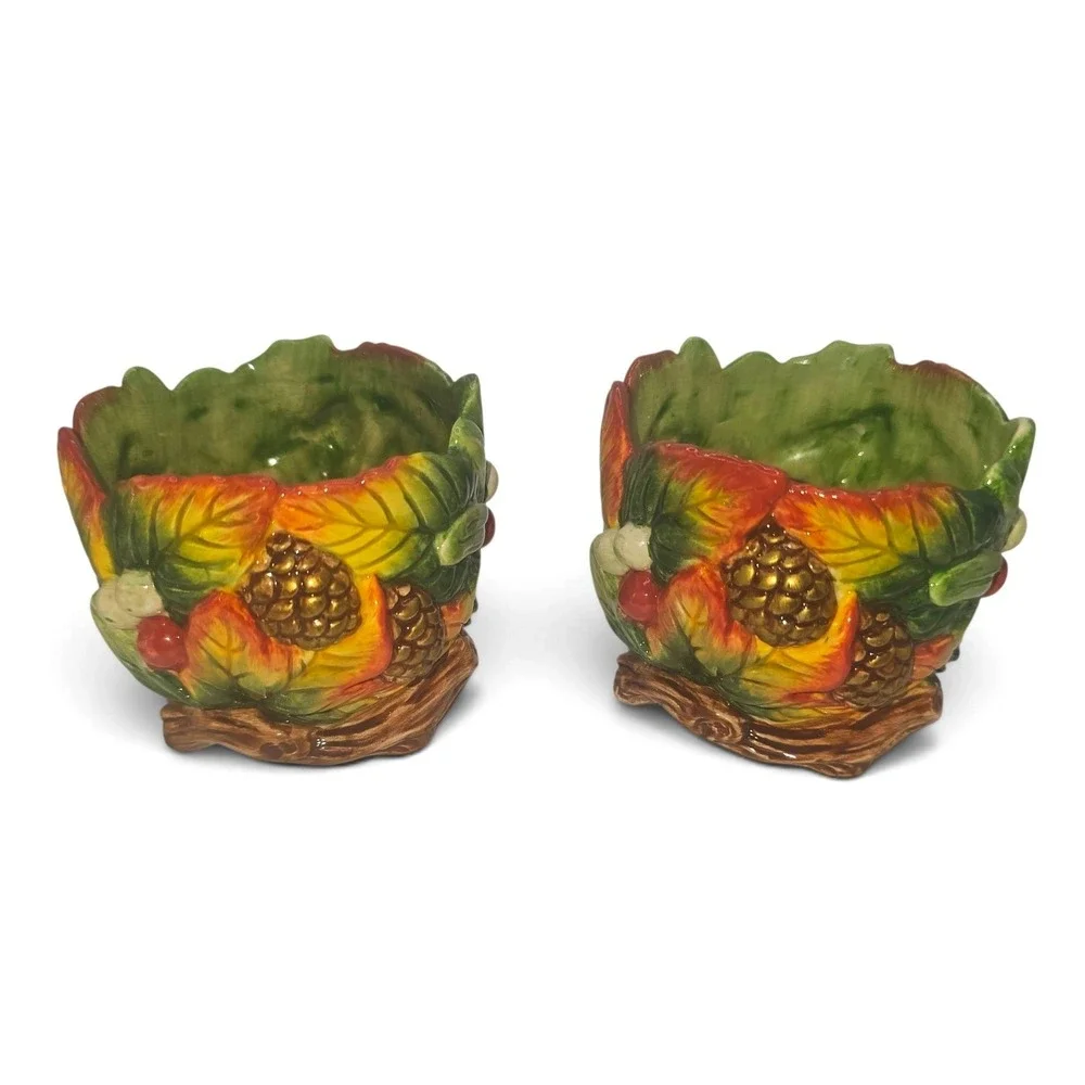 Fitz and Floyd Home Fragrance Ceramic Autumn Leaf Pinecone Votive Holders Set 2
